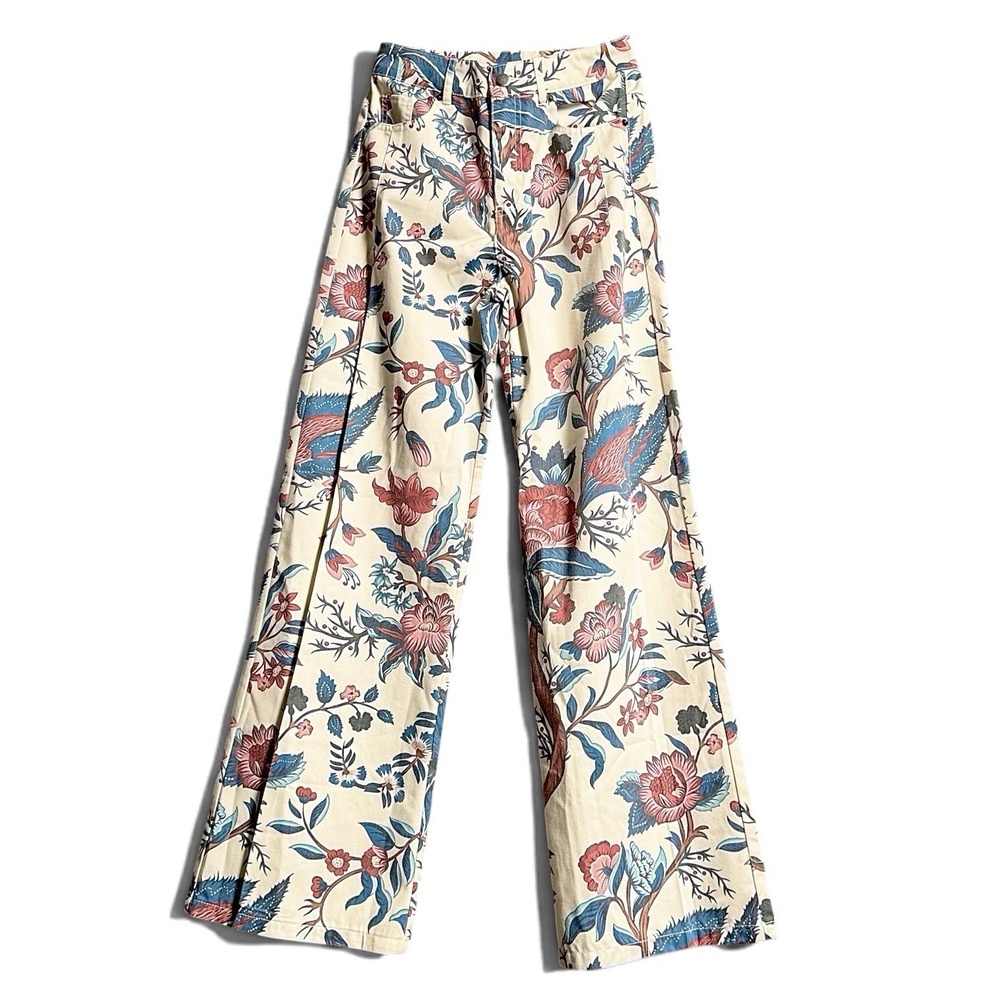 Cream Floral Print High Waisted Wide Leg S Jeans Boho 70s Hippie Festival